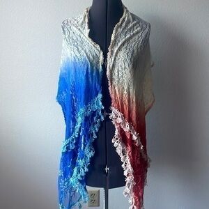 NWT monkey mango scarf ivory reds and blue tie-dye scarf